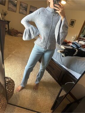 Blue and gray mock neck sweater with bell sleeves